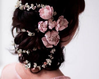 Peony Pink peony Blush pink Bridal flowers accessories Weddings accessories Flower branch Wedding hairpins Flower hair pin Flowers hair vine