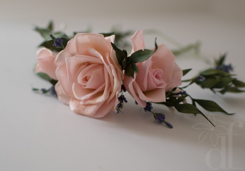 Wedding Lavander Flowers hair vine Bridal hair wreath Roses headband Peach roses Bridal crown Cream headpiece Wedding flower crown Hairpiece image 7