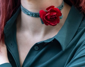 Handcrafted  sage green velvet choker with crimson red colour rose  Christmas present Christmas gift for her