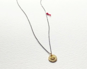 silver everyday necklace with gold coin | all seeing eye, small red tassel | simple jewelry | gift for her