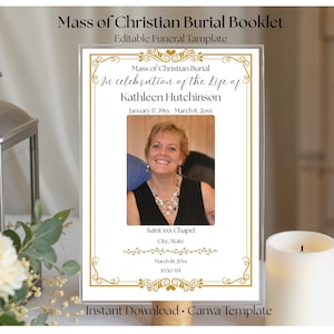 May include: A clear acrylic sign with gold decorative borders and text that reads "Mass of Christian Burial" and "In celebration of the Life of Kathleen Hutchinson." The sign includes a photo of a woman and event details.