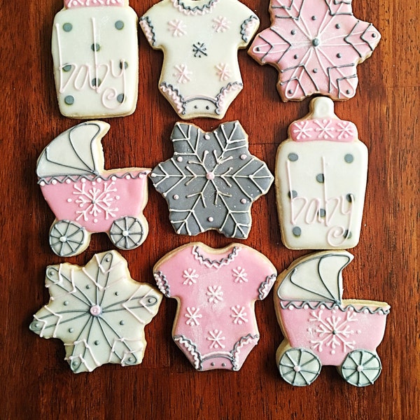 Winter Baby Shower Cookies -One Dozen -  Snowflake Onesie Stroller Bottle Cookies - Baby Girl Shower - Expecting Mother Present