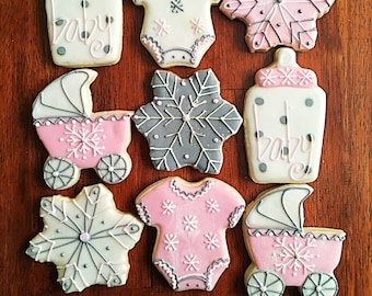 Winter Baby Shower Cookies -One Dozen -  Snowflake Onesie Stroller Bottle Cookies - Baby Girl Shower - Expecting Mother Present