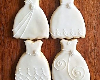 Wedding Dress Cookies - One Dozen - Engagement Party Cookie - Bachelorette Bridal Shower Favor - Bride and Groom Cookie