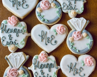 One Dozen Bridal Cookies - Greenery and Silver Boho Eucalyptus- white blush gray- Wedding Shower Engagement Natural Party Favors