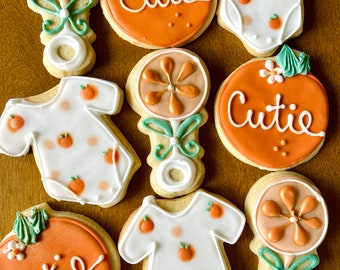 CUTIES Baby shower Cookies - clementine orange party favors- onesie and rattle - orange slices