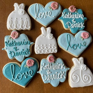 Bridal Shower - Wedding Cookies - engagement Party Favors - Shades of Blue Bride and Groom Wedding Dress- Slate Dusty Blue