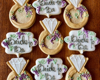 ONE DOZEN Wine Bride to Be Ring Cookies - Wine Bridal Shower - Bride to Be - Gold Ring Wine Tasting- Italy - Gold White Sage Purple