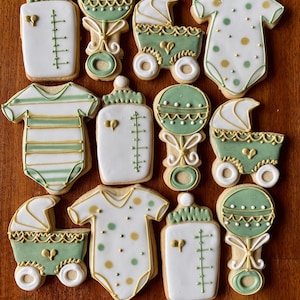 One Dozen Gender Neutral Baby Shower Cookies - Green and Gold Bottle Rattle Onesie Carriage Stroller Pram - Boy or Girl Baby Shower Favors
