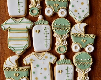 One Dozen Gender Neutral Baby Shower Cookies - Green and Gold Bottle Rattle Onesie Carriage Stroller Pram - Boy or Girl Baby Shower Favors