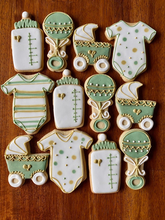 One Dozen Gender Neutral Baby Shower Cookies - Green and Gold Bottle Rattle Onesie Carriage Stroller Pram - Boy or Girl Baby Shower Favors