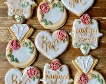 Wedding Cookies - Personalized Treats - Boho Greenery, Succulents, Engagement Party Favors - Blush and Gold