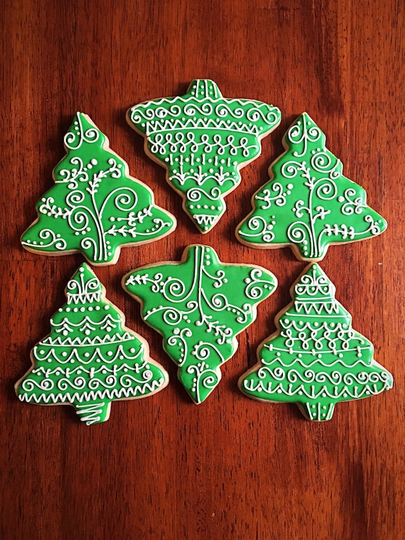 Christmas Tree Cookies , One Dozen , Holiday Party Favors , Winter Wonderland Favors , Pinetree Cookies , Holiday Decorated Cookies