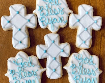 ONE DOZEN Baptism Cookies - Baby Christening, Blue and White Confirmation Party Cookies- Religious Cross Catholic Christian - God Bless