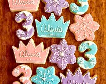Frozen Princess Cookies - Snowflake Crown Birthday Party Favors - Decorated Frosted Cookie - Winter Girl Favors