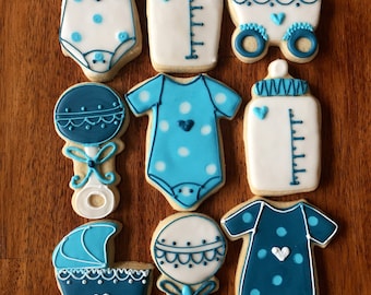 Boy Baby Shower Cookies - Rattle Onesie Carriage - Blue Boy Baby Shower Party Gift