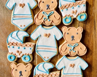 Baby Boy Shower Cookies - One Dozen - Bear Stroller Onesie Romper Cookies - Blue Bear Cookie - Party Favor for Expecting Moms