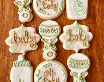 Greenery Baby Shower Cookies – "Oh Baby" Rattles, Bottles, Eucalyptus , Sage, Gender Nuetral (Dozen)