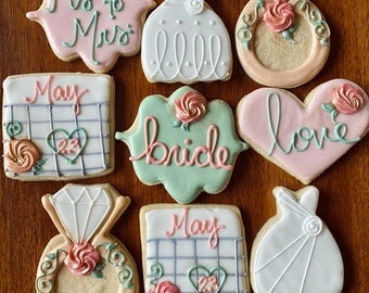 Wedding Cookie Favors- Bachelorette Ring Calendar Bride Cookies-Wedding Dress Bridal Shower Party Favors- Engagement Ring Cookies- Sage Rose