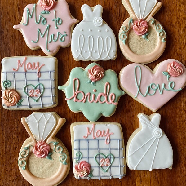 Wedding Cookie Favors- Bachelorette Ring Calendar Bride Cookies-Wedding Dress Bridal Shower Party Favors- Engagement Ring Cookies- Sage Rose