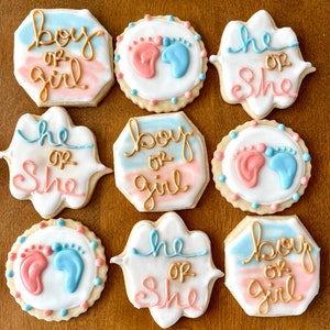 Puede incluir: Nueve galletas de az&uacute;car decoradas con glaseado azul y rosa. Las galletas tienen las palabras "boy or girl", "he or she" y un par de huellas de pies.