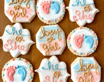 ONE DOZEN baby shower cookies- He or she baby shower favors- baby feet on cookie- blue and pink gender reveal cookie favors - gender reveal
