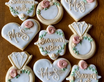 One Dozen Bridal Cookies - Greenery and Gold Boho Eucalyptus- Succulent Plant - Personalized Wedding Shower Engagement Natural Party Favors