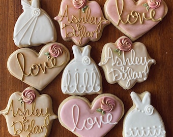 Bridal Shower - Wedding Cookies - engagement Party Favors - Blush Gold Ivory Bride and Groom Wedding Dress