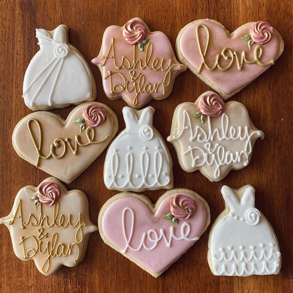 Bridal Shower - Wedding Cookies - engagement Party Favors - Blush Gold Ivory Bride and Groom Wedding Dress