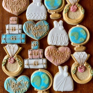 Bridal Travel Theme Cookies - Dress Globe Suitcase - From Ms to Mrs - Bridal Shower - Wedding Favors - Engagement Gift