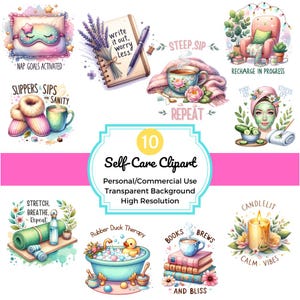 Watercolor Cozy Self Care Clipart Set, Spa Digital Stickers for Relaxation, Selfcare Affirmation PNG Files, Planner Graphics, Soft Aesthetic