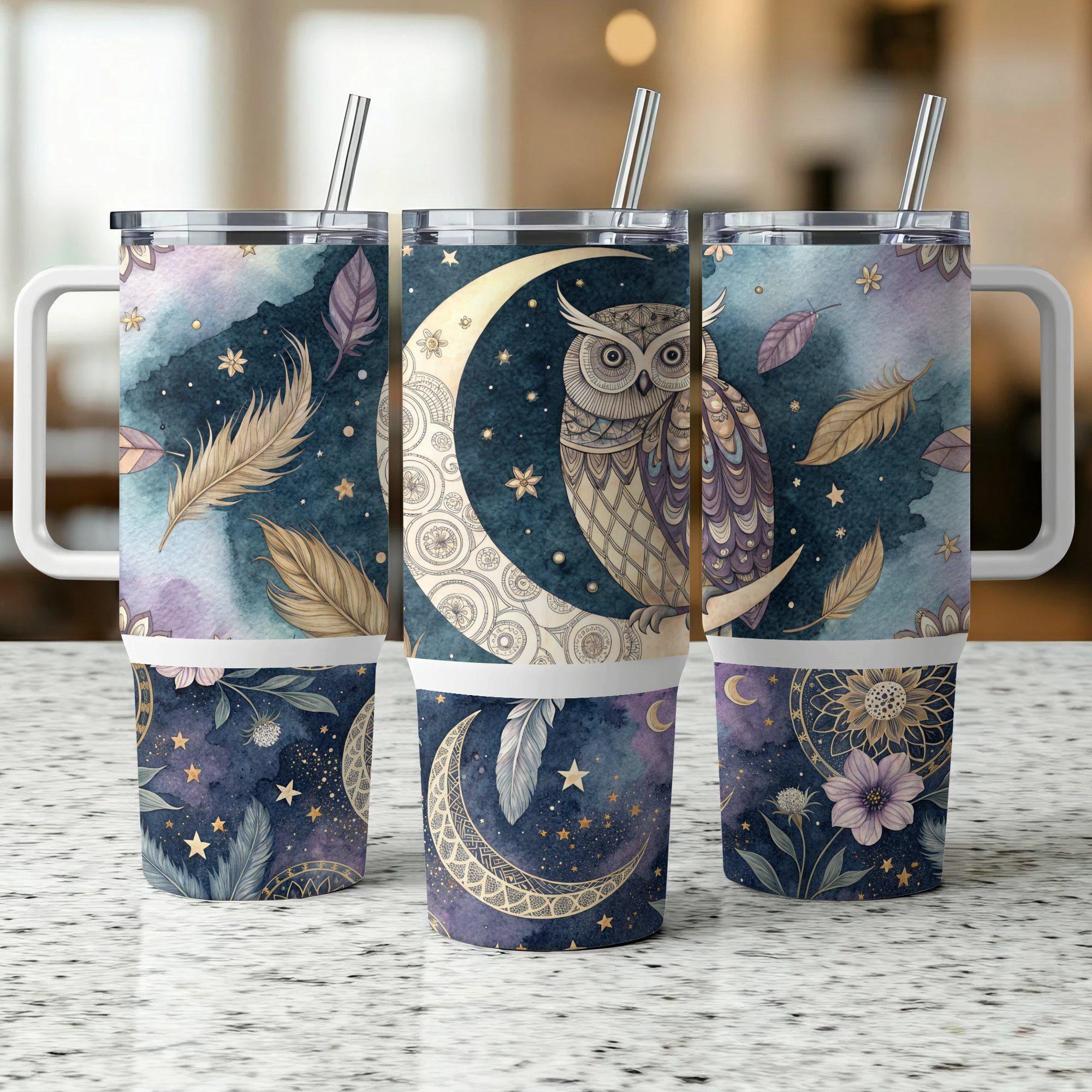 Boho Owl 40oz Tumbler Wrap, Sunflower Sublimation design template, Mandala 40oz png Digital download