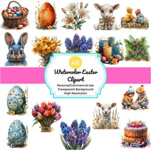 Watercolor Easter Clipart Bundle, Digital Download, High Resolution, Spring Floral, Easter Eggs, Cute Bunny, Scrapbooking, Sublimation PNG