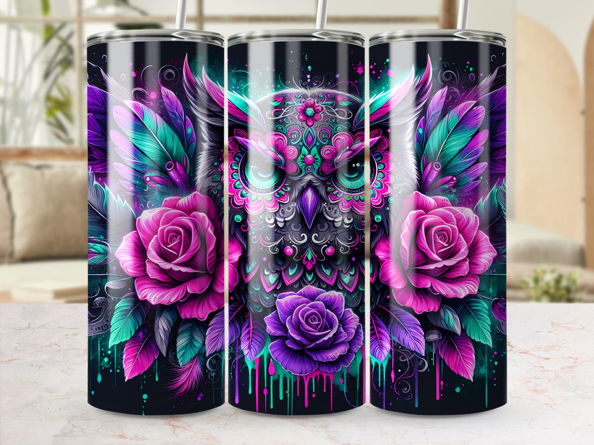 Floral Sugar Skull Owl Tumbler Wrap, 20oz Skinny Sublimation Tumbler Design, Glitter Sublimation Des