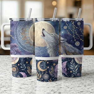 Boho Wolf 40oz Tumbler Wrap, Sunflower Sublimation design template, Mandala 40oz png Digital download, Floral 40oz tumbler with handle