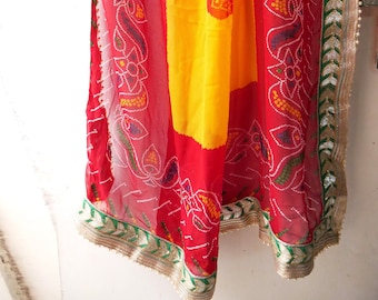 Red yellow Georgette bandhej chunri Rajasthani dupatta Indian tie dye bandhani shoulder scarf wedding odhni