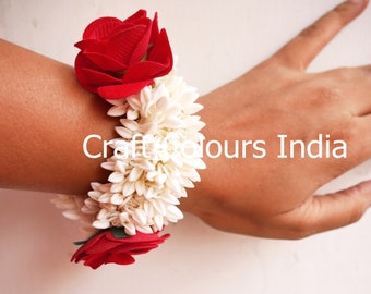 White jasmine and red rose gajra, Indian aritificial flower wedding hair accessory, flower bun accessory, mogra head band, anklet/ bracelet