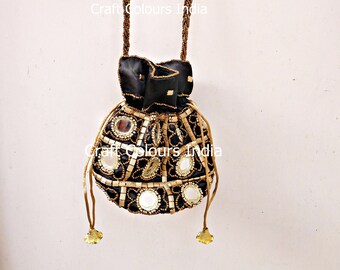 Mirror work potli bag, Indian wedding favors, wedding party bags, ethnic handwork purse with beads and mirrors, red green small shoulder bag