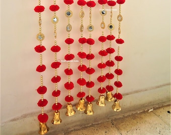 Red pompom beaded garland, bell mirror garland, Indian wedding decoration, party decor, party backdrop, home decor, Ethnic door hangings