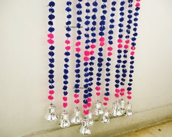 Blue pink pompom garland, silver bell garland, Indian wedding decoration, party decor, party backdrop, home decor, Ethnic door hangings