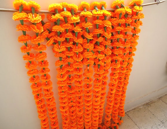 Orange Marigold Garland, Indian Wedding Decor, Party Backdrop (10 pc, 5 ft)