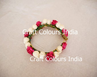 White jasmine and red pink gold yellow rose gajra, Indian artificial flower wedding hair accessory, flower bun accessory, mogra head band