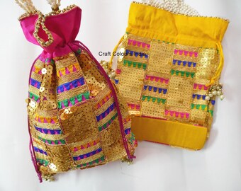 Set of 2 Pink and yellow silk potli with sequence and embroidery, wedding potli, Indian potli pouch, gifting potli, Diwali gift bags