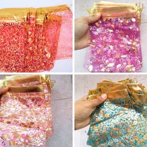10 red pink golden Indian sagan gifting drawstring net potli bag, wedding gift packing, party favour gift wrapping coin pouch, gift pouch