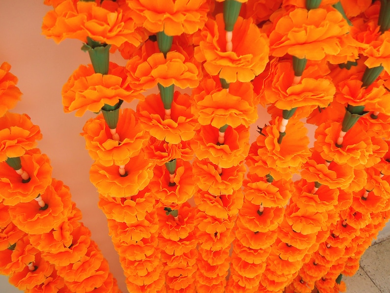 Puede incluir: Primer plano de m&uacute;ltiples hileras de guirnaldas de cal&eacute;ndulas de color naranja brillante. Cada flor est&aacute; densamente empaquetada, con tallos verdes y detalles blancos. Las guirnaldas cuelgan desde arriba, creando una exhibici&oacute;n vibrante y festiva.