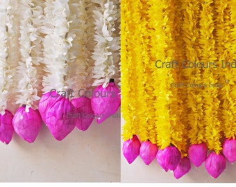 10 pcs Diwali Decoration synthetic fabric garlands, Yellow/white Jasmine Garlands with Pink Lotus Buds, Haldi, Indian Wedding decoration