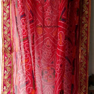 Red Georgette bandhej chunri Rajasthani dupatta with zari flower embroidery border, Indian tie dye bandhani shoulder scarf wedding odhni