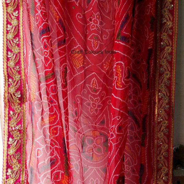Red Georgette bandhej chunri Rajasthani dupatta with zari flower embroidery border, Indian tie dye bandhani shoulder scarf wedding odhni