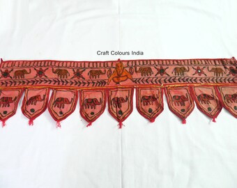 Vintage red elephant bunting tapestry with embroidered flower, leaves and Ganesha, home decor door hanging or wall hanging with mirror work