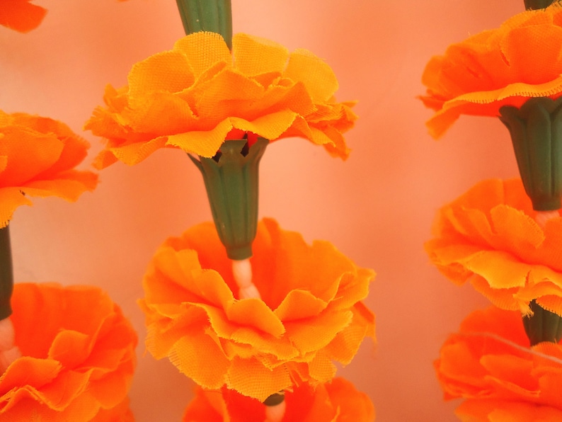 Puede incluir: Primer plano de una guirnalda de flores de cal&eacute;ndula de color naranja brillante. Las flores tienen m&uacute;ltiples capas de p&eacute;talos y est&aacute;n unidas a tallos verdes. El fondo es de color naranja suave, creando una sensaci&oacute;n c&aacute;lida y acogedora.